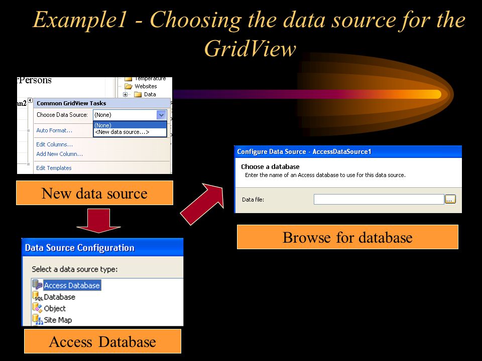 Example1 - Choosing the data source for the GridView New data source Access Database Browse for database
