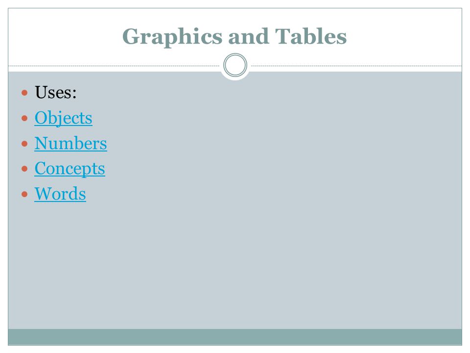 Graphics and Tables Uses: Objects Numbers Concepts Words