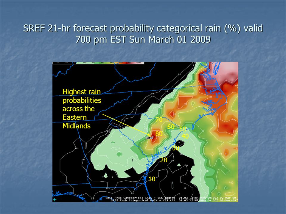 SREF 21-hr forecast probability categorical rain (%) valid 700 pm EST Sun March Highest rain probabilities across the Eastern Midlands