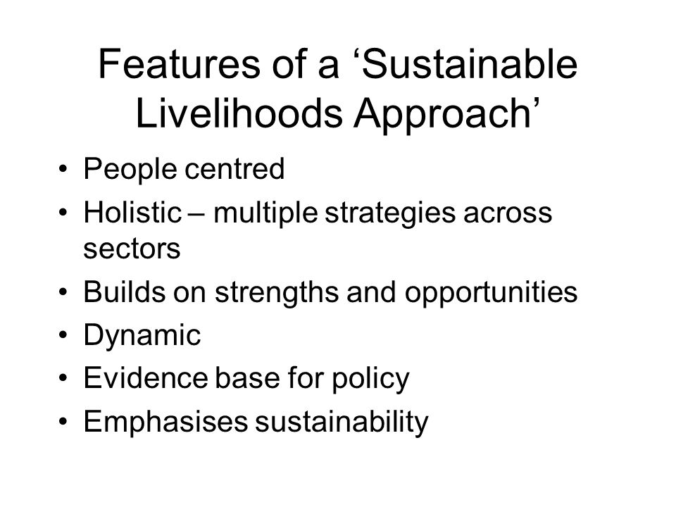 Features of a ‘Sustainable Livelihoods Approach’ People centred Holistic – multiple strategies across sectors Builds on strengths and opportunities Dynamic Evidence base for policy Emphasises sustainability