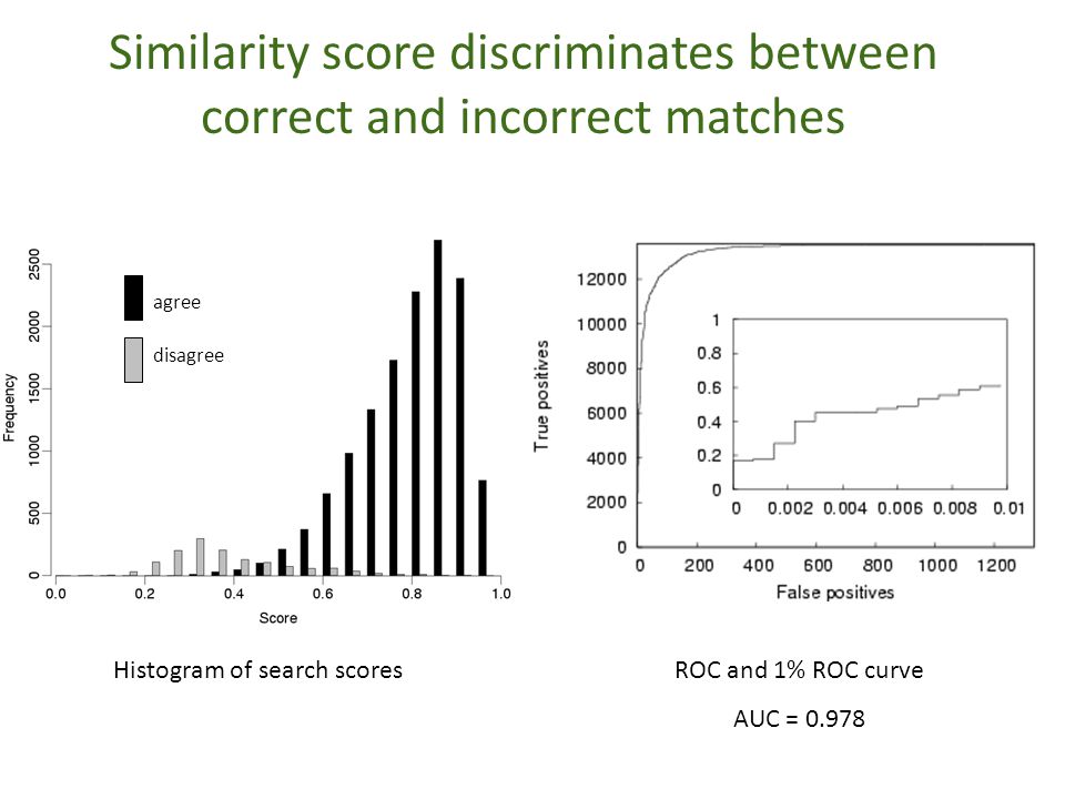 Similarity score discriminates between correct and incorrect matches insert hist/roc Histogram of search scoresROC and 1% ROC curve AUC = disagree agree