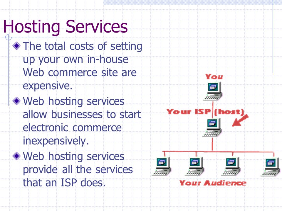 Hosting Services The total costs of setting up your own in-house Web commerce site are expensive.