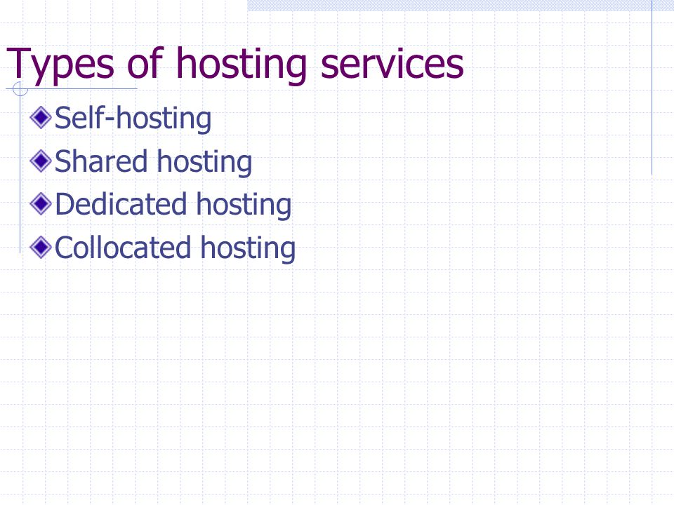 Types of hosting services Self-hosting Shared hosting Dedicated hosting Collocated hosting
