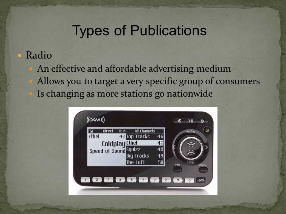 Radio An effective and affordable advertising medium Allows you to target a very specific group of consumers Is changing as more stations go nationwide Types of Publications