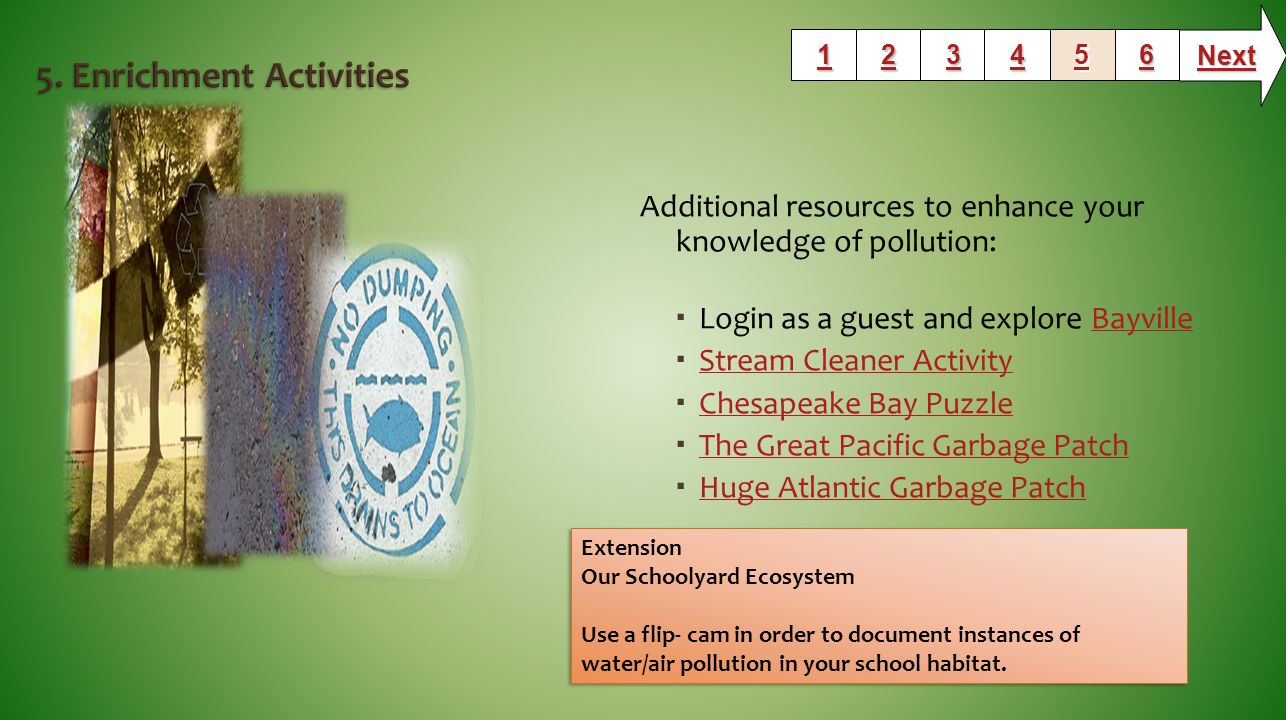 Additional resources to enhance your knowledge of pollution:  Login as a guest and explore BayvilleBayville  Stream Cleaner Activity Stream Cleaner Activity  Chesapeake Bay Puzzle Chesapeake Bay Puzzle  The Great Pacific Garbage Patch The Great Pacific Garbage Patch  Huge Atlantic Garbage Patch Huge Atlantic Garbage Patch Next Extension Our Schoolyard Ecosystem Use a flip- cam in order to document instances of water/air pollution in your school habitat.