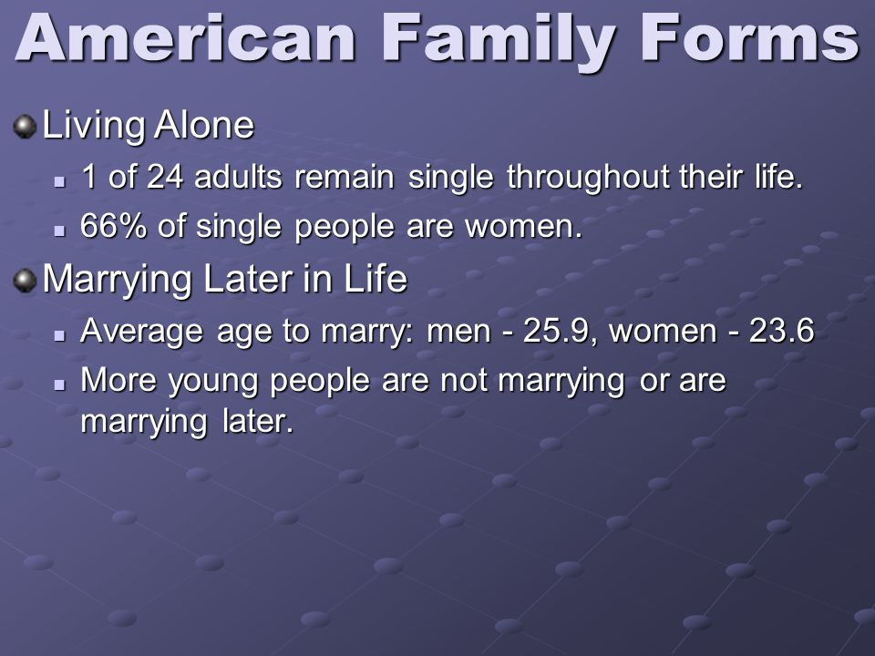 American Family Forms Living Alone 1 of 24 adults remain single throughout their life.