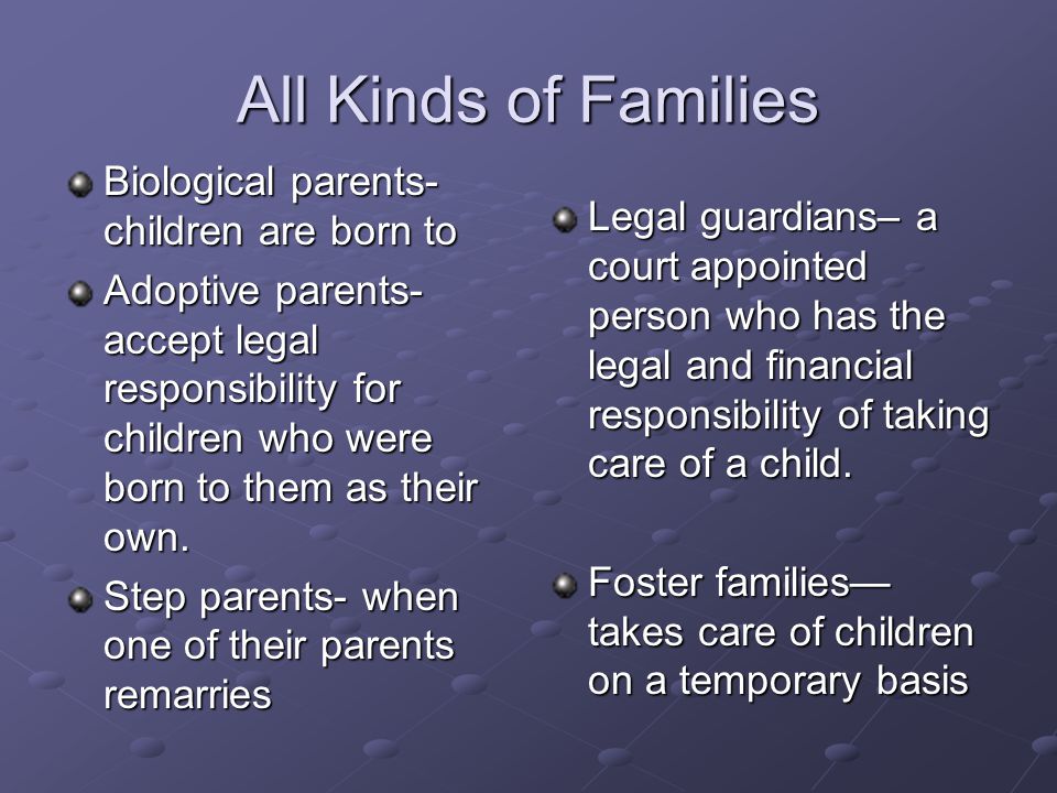 All Kinds of Families Biological parents- children are born to Adoptive parents- accept legal responsibility for children who were born to them as their own.