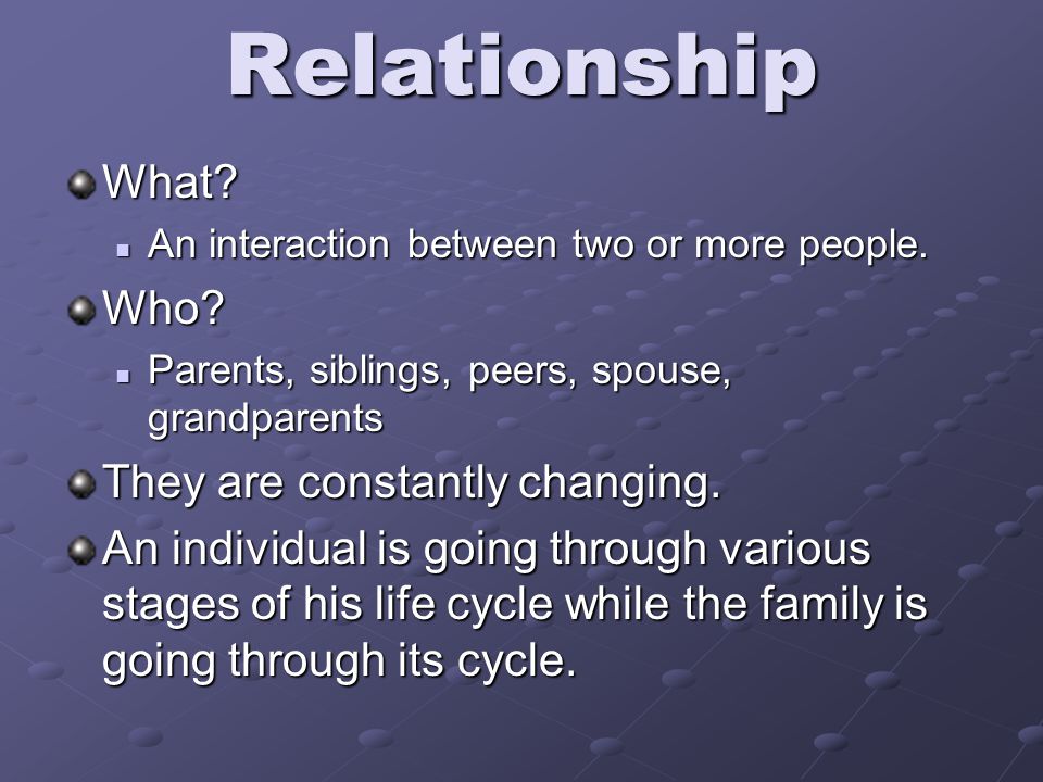 RelationshipWhat. An interaction between two or more people.