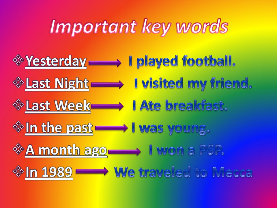 The verbs in our sentences change when we talk about what has already happened.verbs I walk to school I walked to school I jump on my bed I jumped on my bed We add ‘ed’