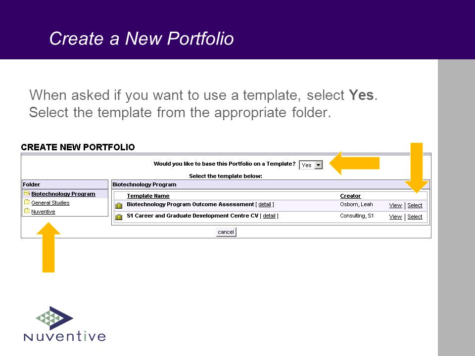 Create a New Portfolio When asked if you want to use a template, select Yes.