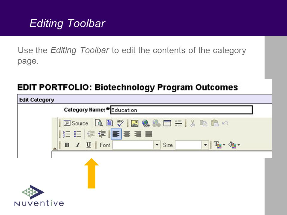 Editing Toolbar Use the Editing Toolbar to edit the contents of the category page.