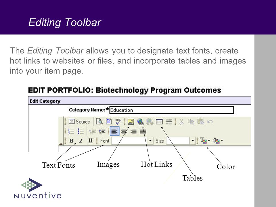 Editing Toolbar The Editing Toolbar allows you to designate text fonts, create hot links to websites or files, and incorporate tables and images into your item page.