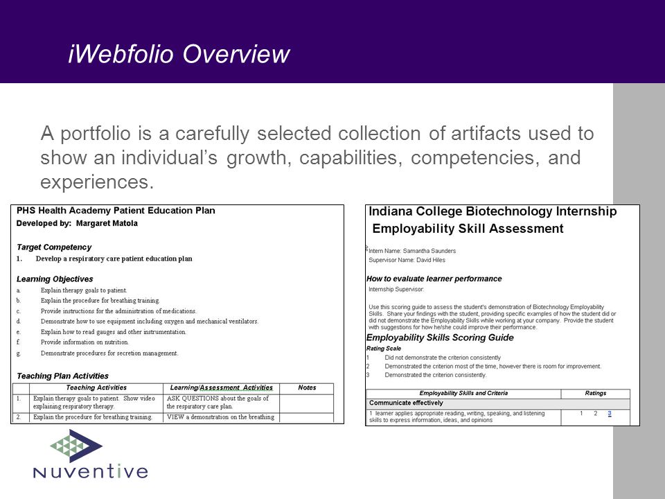 iWebfolio Overview A portfolio is a carefully selected collection of artifacts used to show an individual’s growth, capabilities, competencies, and experiences.