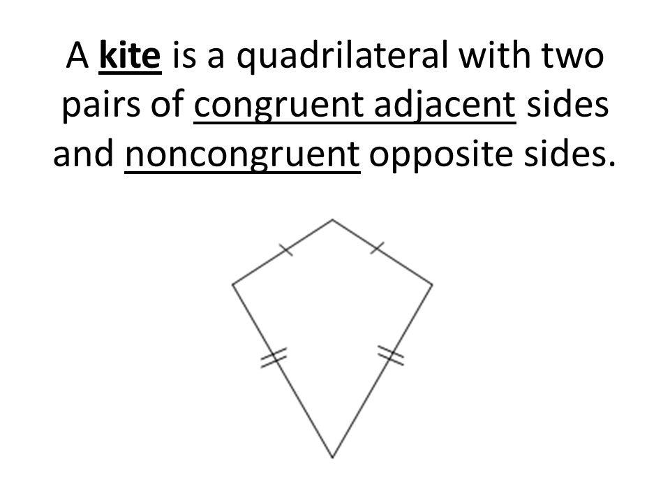 A kite is a quadrilateral with two pairs of congruent adjacent sides and noncongruent opposite sides.