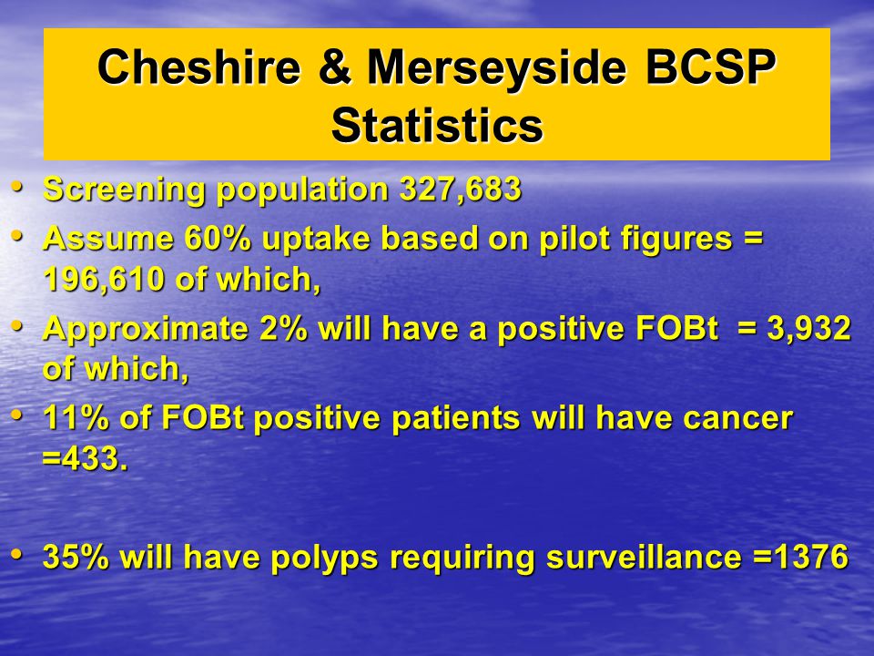 Cheshire & Merseyside BCSP Statistics Screening population 327,683 Screening population 327,683 Assume 60% uptake based on pilot figures = 196,610 of which, Assume 60% uptake based on pilot figures = 196,610 of which, Approximate 2% will have a positive FOBt = 3,932 of which, Approximate 2% will have a positive FOBt = 3,932 of which, 11% of FOBt positive patients will have cancer =433.