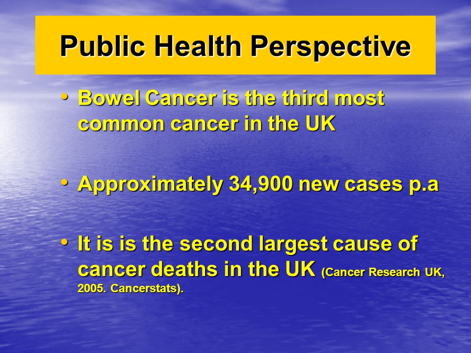 Public Health Perspective Bowel Cancer is the third most common cancer in the UK Bowel Cancer is the third most common cancer in the UK Approximately 34,900 new cases p.a Approximately 34,900 new cases p.a It is is the second largest cause of cancer deaths in the UK (Cancer Research UK, 2005.