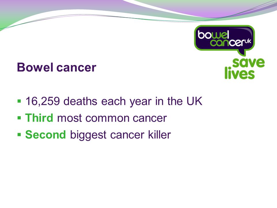Bowel cancer  16,259 deaths each year in the UK  Third most common cancer  Second biggest cancer killer