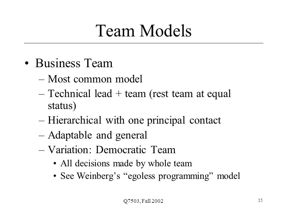 Q7503, Fall Team Models Business Team –Most common model –Technical lead + team (rest team at equal status) –Hierarchical with one principal contact –Adaptable and general –Variation: Democratic Team All decisions made by whole team See Weinberg’s egoless programming model