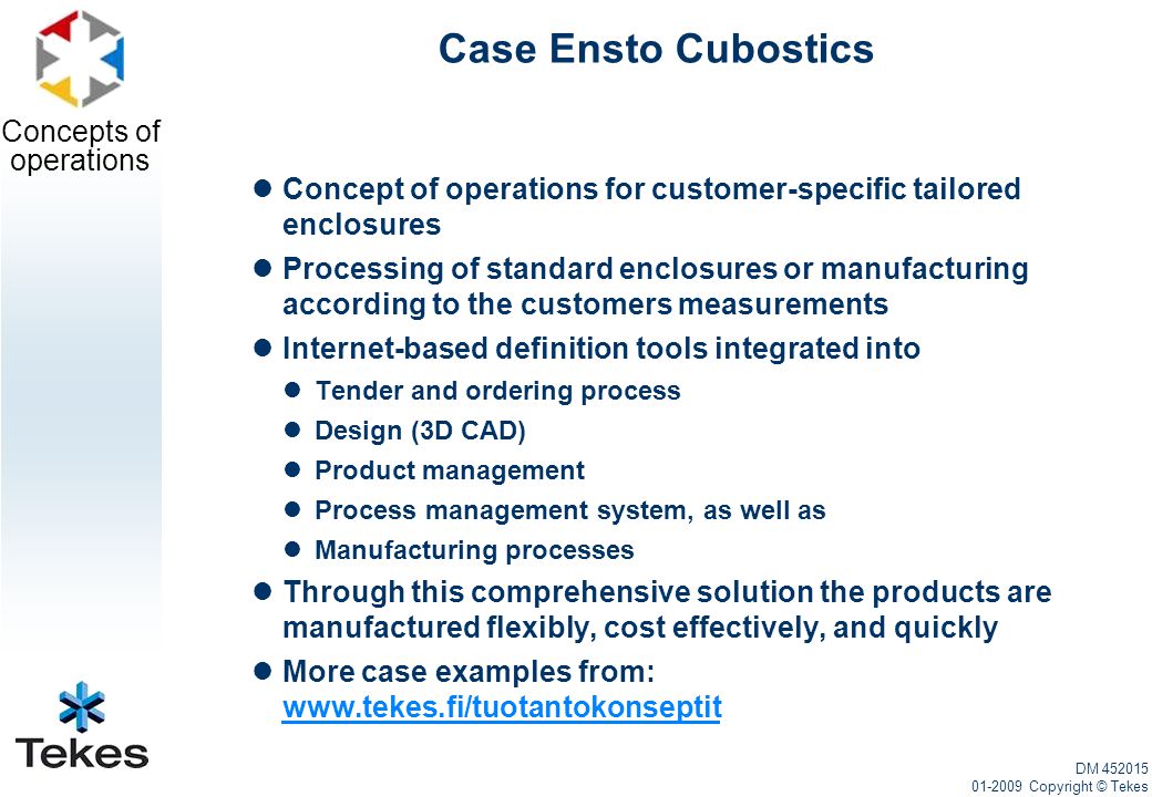 Concepts of operations Case Ensto Cubostics Concept of operations for customer-specific tailored enclosures Processing of standard enclosures or manufacturing according to the customers measurements Internet-based definition tools integrated into Tender and ordering process Design (3D CAD) Product management Process management system, as well as Manufacturing processes Through this comprehensive solution the products are manufactured flexibly, cost effectively, and quickly More case examples from:     DM Copyright © Tekes