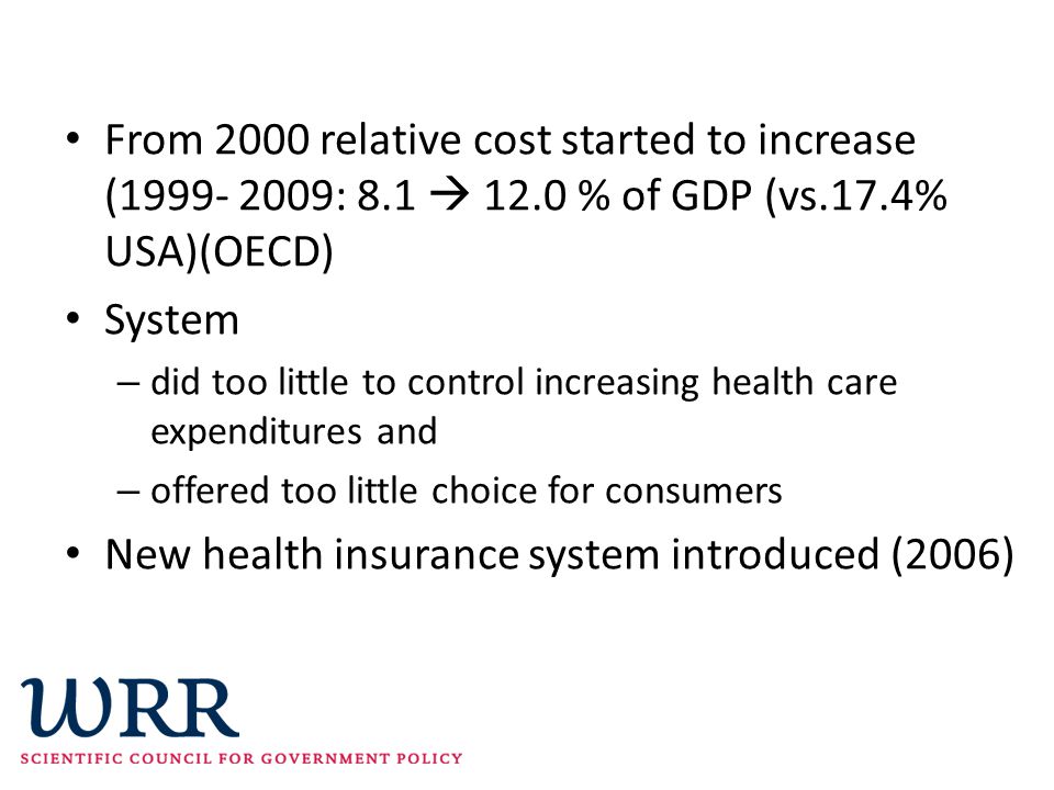 From 2000 relative cost started to increase ( : 8.1  12.0 % of GDP (vs.17.4% USA)(OECD) System – did too little to control increasing health care expenditures and – offered too little choice for consumers New health insurance system introduced (2006)