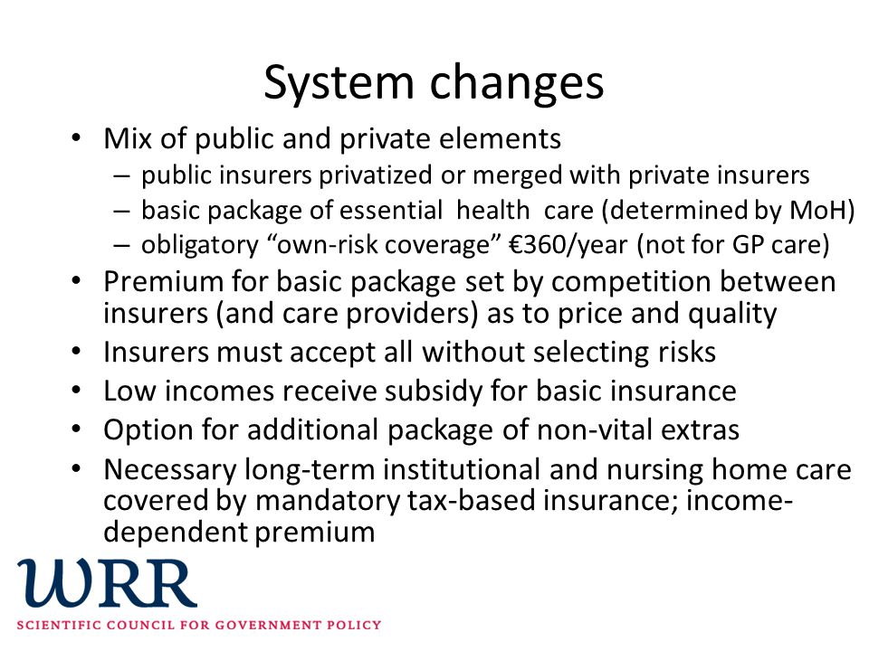 System changes Mix of public and private elements – public insurers privatized or merged with private insurers – basic package of essential health care (determined by MoH) – obligatory own-risk coverage €360/year (not for GP care) Premium for basic package set by competition between insurers (and care providers) as to price and quality Insurers must accept all without selecting risks Low incomes receive subsidy for basic insurance Option for additional package of non-vital extras Necessary long-term institutional and nursing home care covered by mandatory tax-based insurance; income- dependent premium