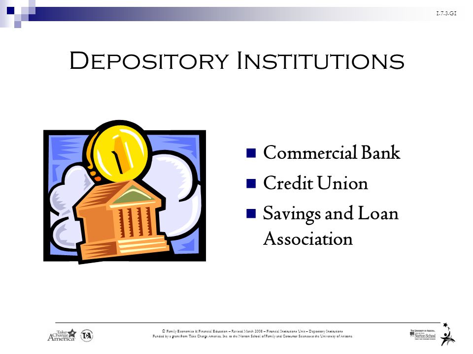 1.7.3.G1 © Family Economics & Financial Education – Revised March 2008 – Financial Institutions Unit – Depository Institutions Funded by a grant from Take Charge America, Inc.