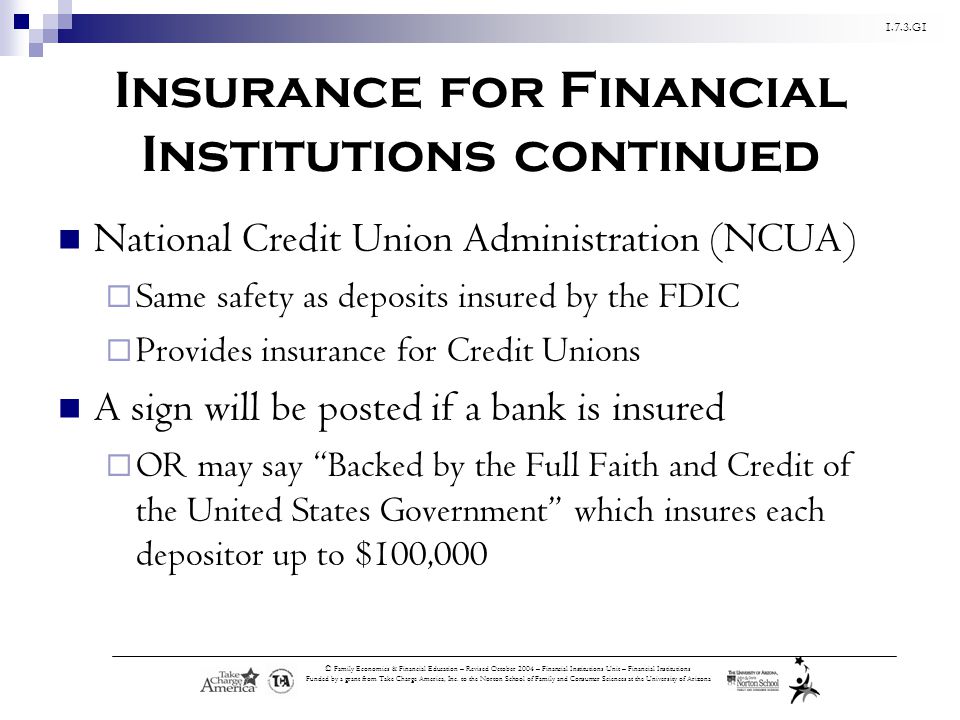 1.7.3.G1 © Family Economics & Financial Education – Revised October 2004 – Financial Institutions Unit – Financial Institutions Funded by a grant from Take Charge America, Inc.