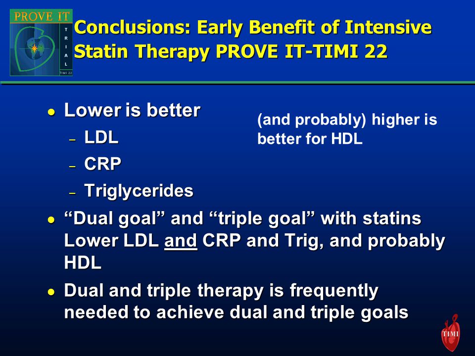 Conclusions: Early Benefit of Intensive Statin Therapy PROVE IT-TIMI 22 l Lower is better – LDL – CRP – Triglycerides l Dual goal and triple goal with statins Lower LDL and CRP and Trig, and probably HDL l Dual and triple therapy is frequently needed to achieve dual and triple goals (and probably) higher is better for HDL