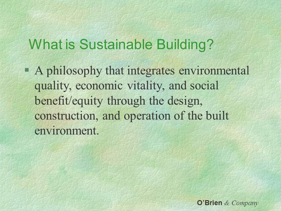 Sustainability:  Meeting the needs of the present without compromising the ability of future generations to meet their needs.
