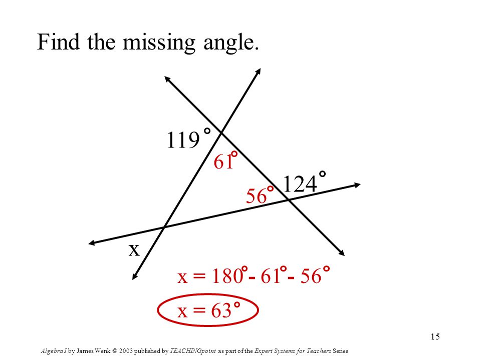 Algebra I by James Wenk © 2003 published by TEACHINGpoint as part of the Expert Systems for Teachers Series 15 Find the missing angle.