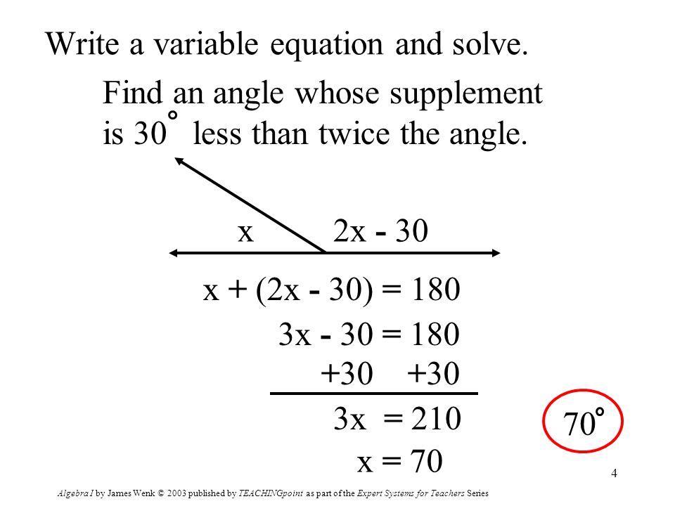 Algebra I by James Wenk © 2003 published by TEACHINGpoint as part of the Expert Systems for Teachers Series 4 Write a variable equation and solve.