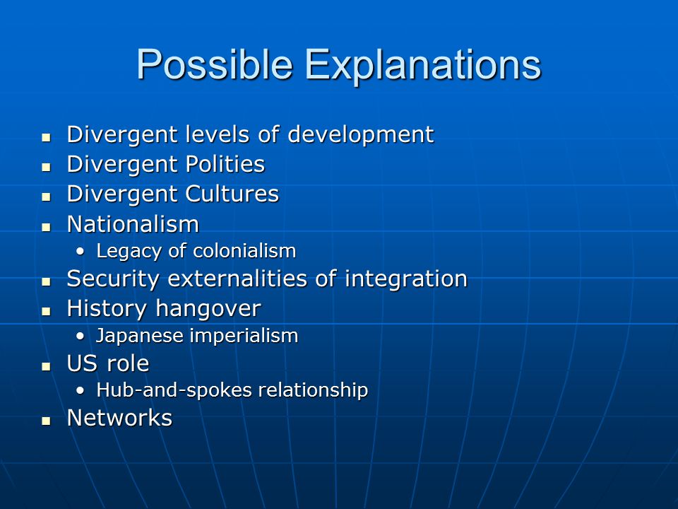 Possible Explanations Divergent levels of development Divergent levels of development Divergent Polities Divergent Polities Divergent Cultures Divergent Cultures Nationalism Nationalism Legacy of colonialismLegacy of colonialism Security externalities of integration Security externalities of integration History hangover History hangover Japanese imperialismJapanese imperialism US role US role Hub-and-spokes relationshipHub-and-spokes relationship Networks Networks