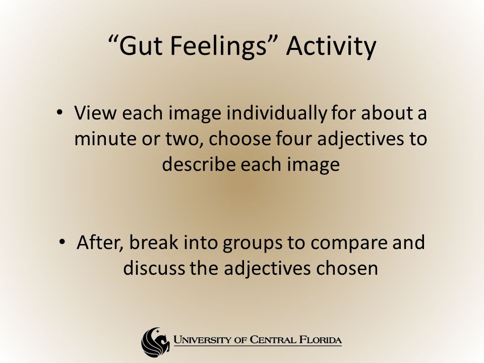 Gut Feelings Activity View each image individually for about a minute or two, choose four adjectives to describe each image After, break into groups to compare and discuss the adjectives chosen
