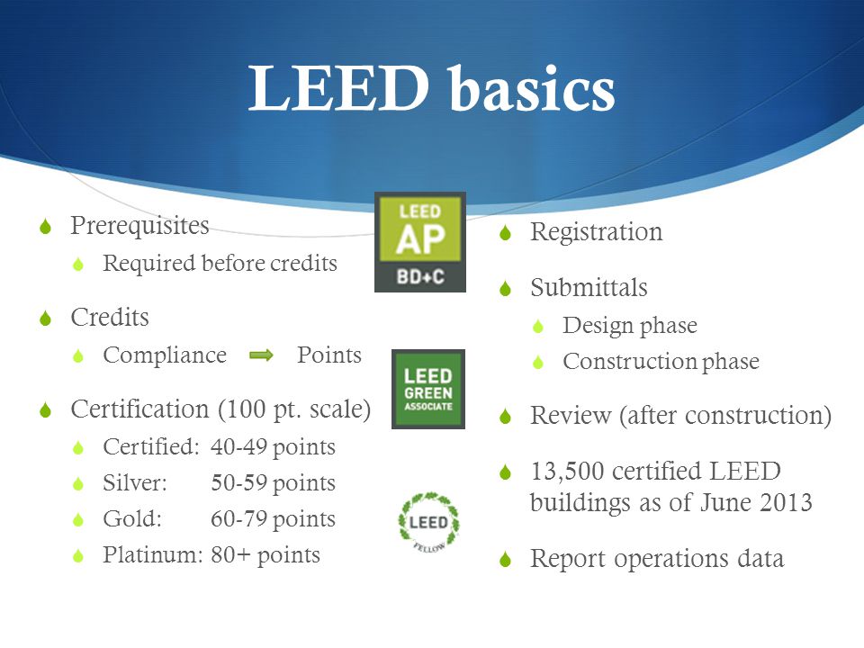 LEED basics  Prerequisites  Required before credits  Credits  Compliance Points  Certification (100 pt.