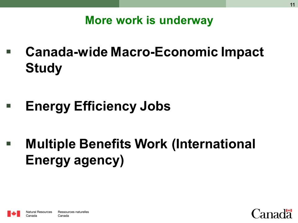 11 More work is underway  Canada-wide Macro-Economic Impact Study  Energy Efficiency Jobs  Multiple Benefits Work (International Energy agency)