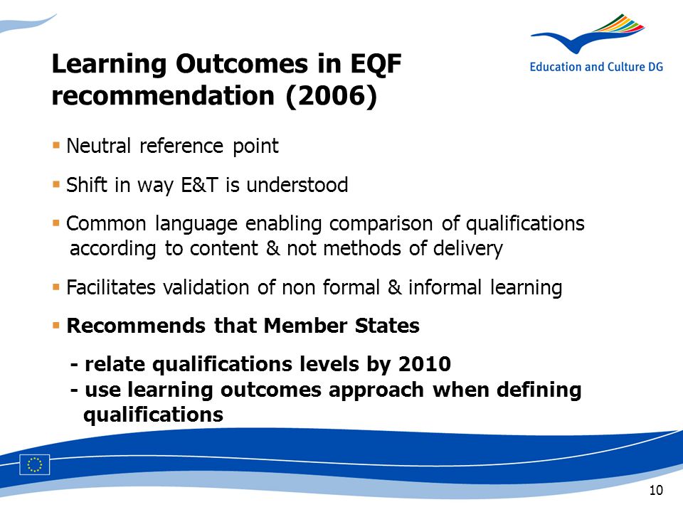 10  Neutral reference point  Shift in way E&T is understood  Common language enabling comparison of qualifications ccaccording to content & not methods of delivery  Facilitates validation of non formal & informal learning  Recommends that Member States - relate qualifications levels by use learning outcomes approach when defining cccqualifications Learning Outcomes in EQF recommendation (2006)