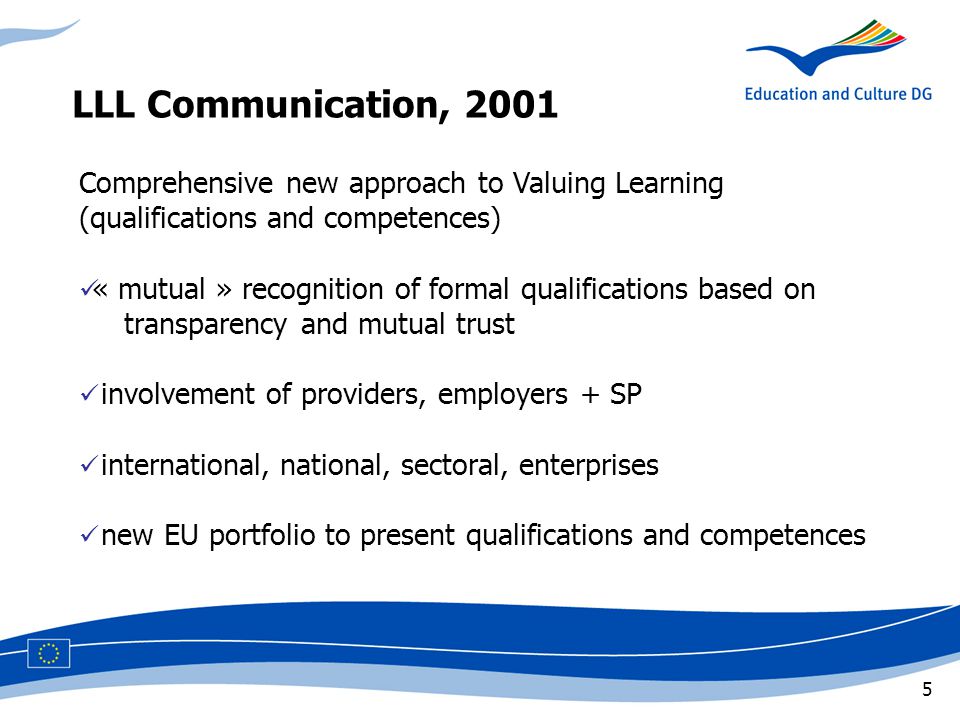 5 Comprehensive new approach to Valuing Learning (qualifications and competences) « mutual » recognition of formal qualifications based on aaatransparency and mutual trust involvement of providers, employers + SP international, national, sectoral, enterprises new EU portfolio to present qualifications and competences LLL Communication, 2001