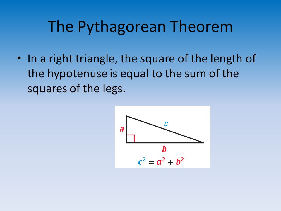 The Pythagorean Theorem In a right triangle, the square of the length of the hypotenuse is equal to the sum of the squares of the legs.