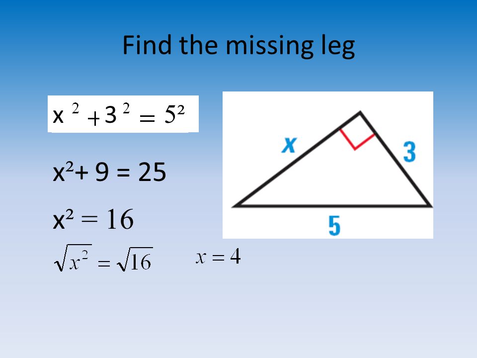 Find the missing leg x3 5² x ² + 9 = 25 x ² = 16
