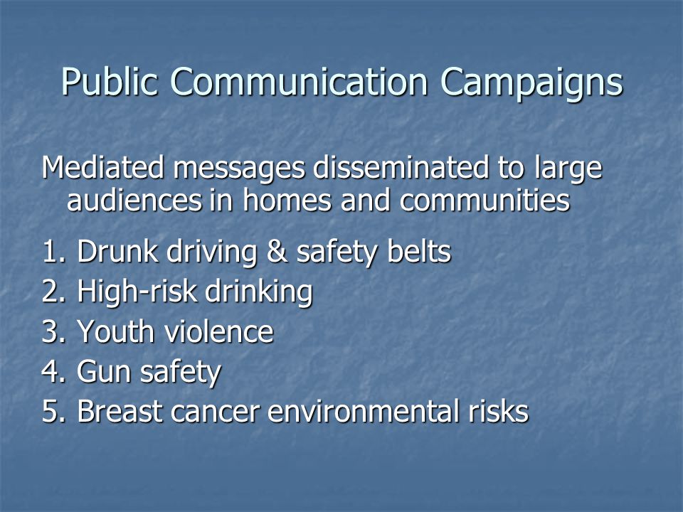 Public Communication Campaigns Mediated messages disseminated to large audiences in homes and communities 1.