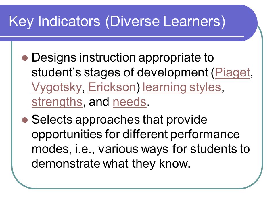 Key Indicators (Diverse Learners) Designs instruction appropriate to student’s stages of development (Piaget, Vygotsky, Erickson) learning styles, strengths, and needs.Piaget VygotskyEricksonlearning styles strengthsneeds Selects approaches that provide opportunities for different performance modes, i.e., various ways for students to demonstrate what they know.