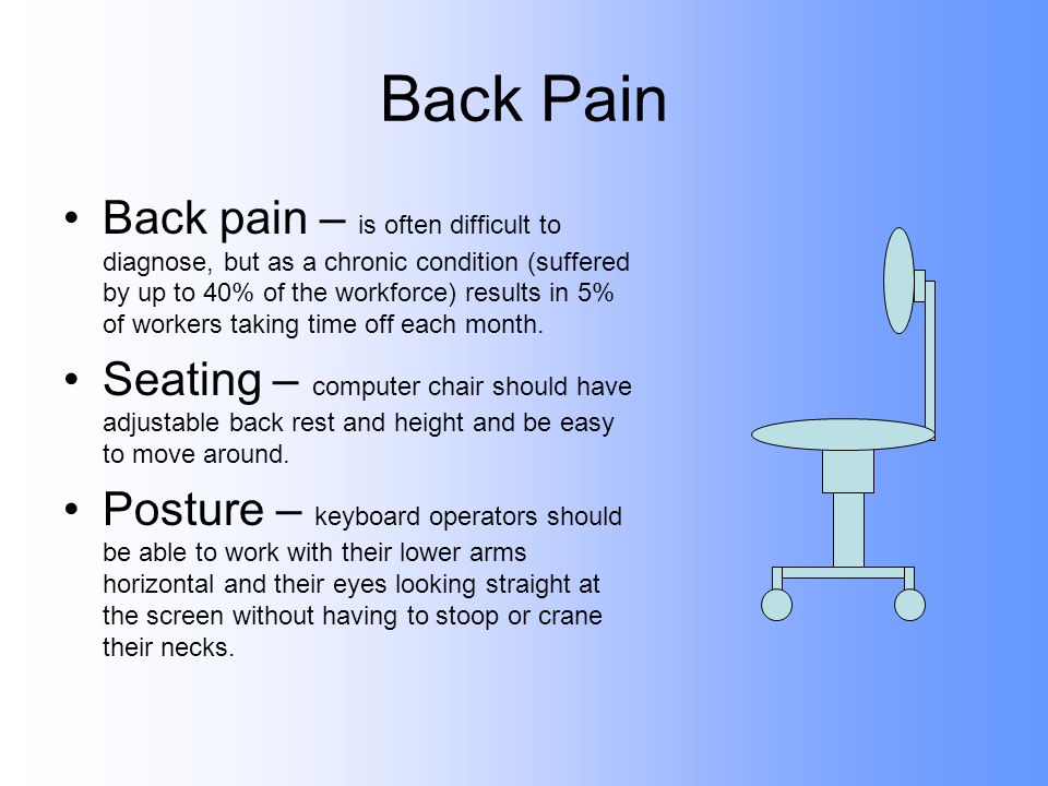 Back Pain Back pain – is often difficult to diagnose, but as a chronic condition (suffered by up to 40% of the workforce) results in 5% of workers taking time off each month.