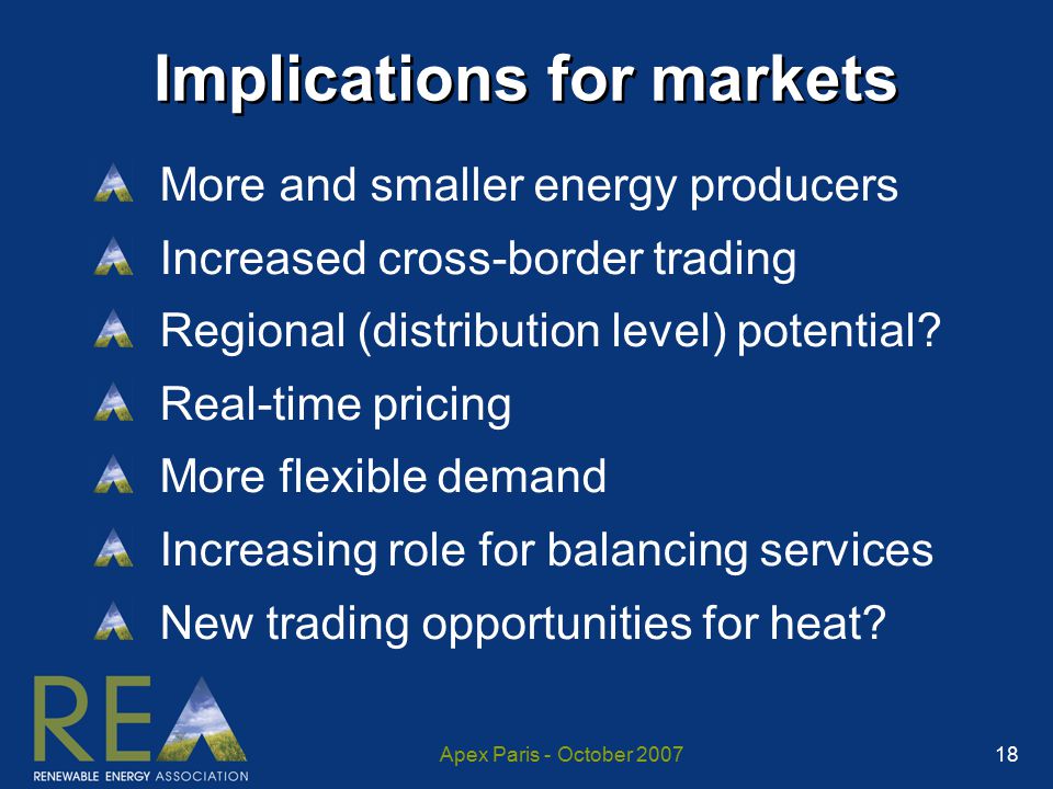 Apex Paris - October Implications for markets More and smaller energy producers Increased cross-border trading Regional (distribution level) potential.