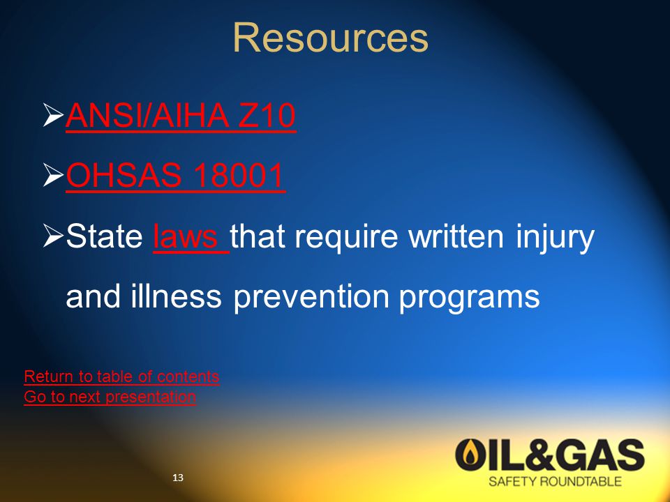 13  ANSI/AIHA Z10 ANSI/AIHA Z10  OHSAS OHSAS  State laws that require written injury and illness prevention programslaws Resources Return to table of contents Go to next presentation