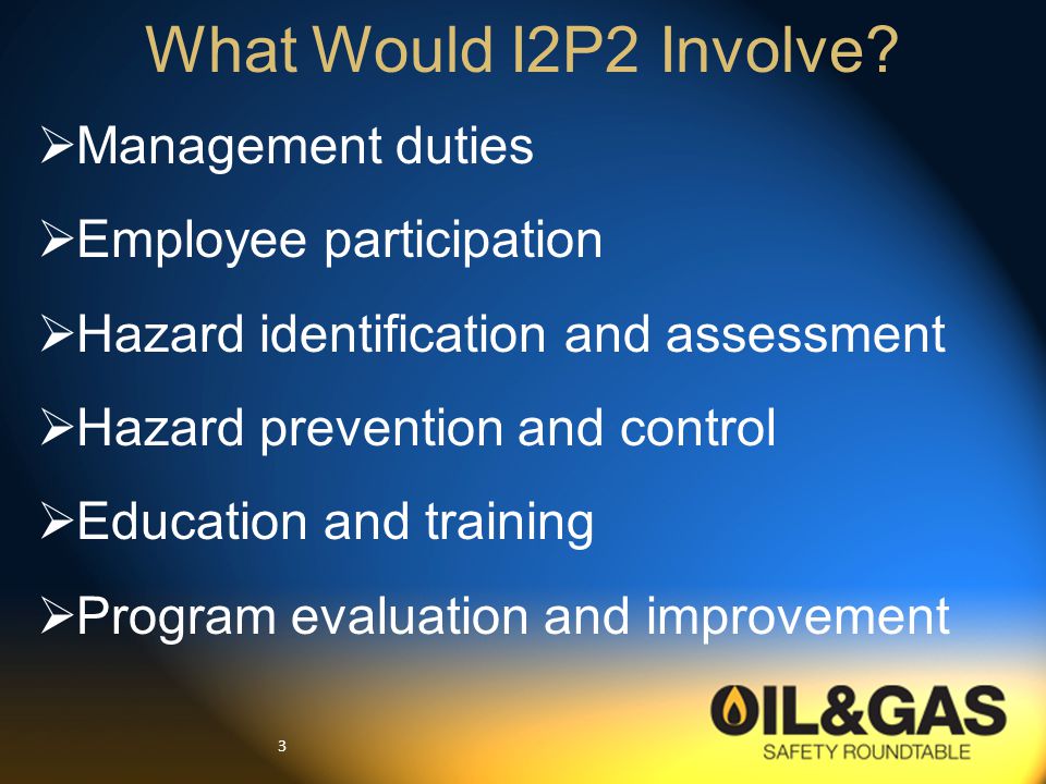 3  Management duties  Employee participation  Hazard identification and assessment  Hazard prevention and control  Education and training  Program evaluation and improvement What Would I2P2 Involve
