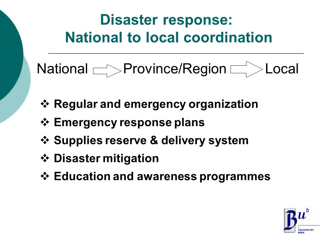 National Province/Region Local  Regular and emergency organization  Emergency response plans  Supplies reserve & delivery system  Disaster mitigation  Education and awareness programmes Disaster response: National to local coordination