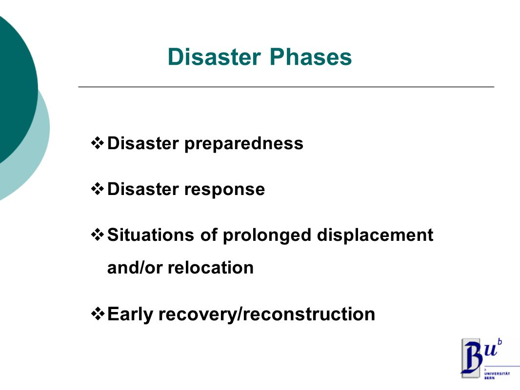  Disaster preparedness  Disaster response  Situations of prolonged displacement and/or relocation  Early recovery/reconstruction Disaster Phases