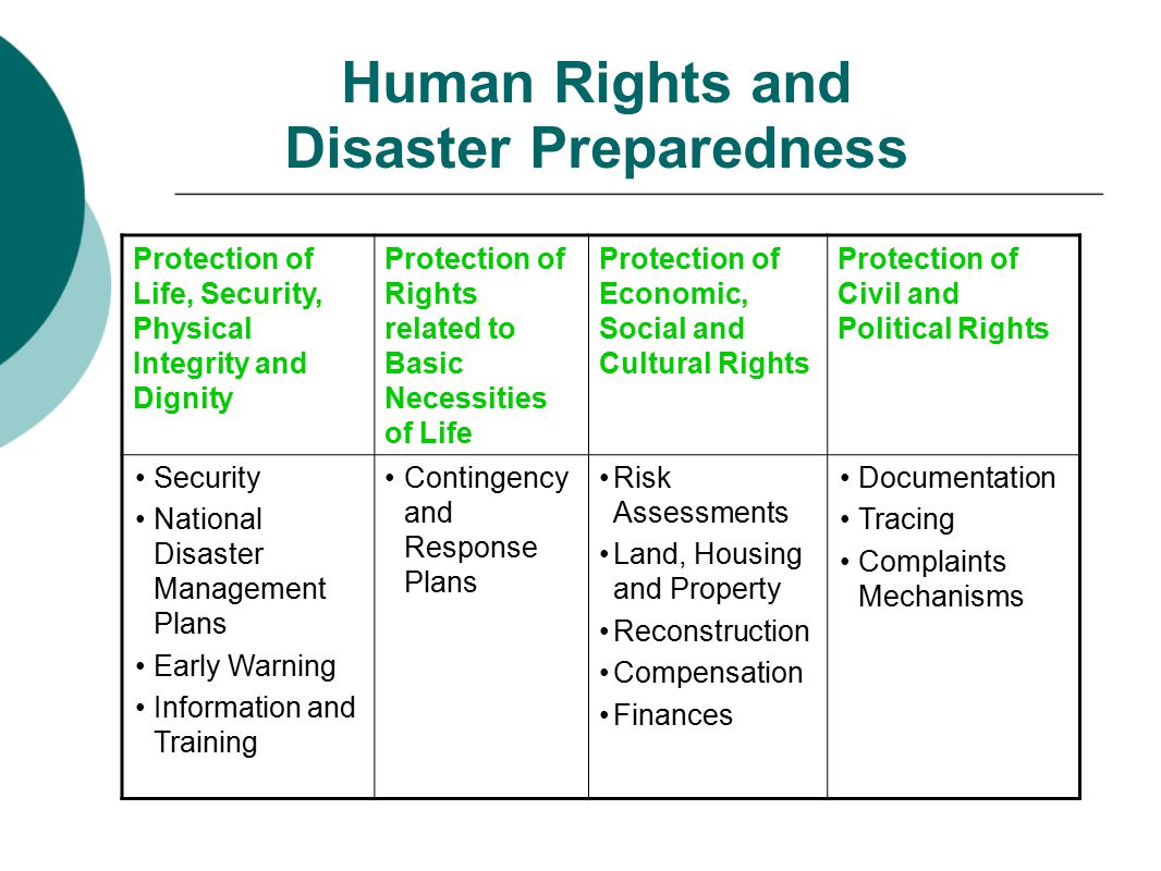 Human Rights and Disaster Preparedness Protection of Life, Security, Physical Integrity and Dignity Protection of Rights related to Basic Necessities of Life Protection of Economic, Social and Cultural Rights Protection of Civil and Political Rights Security National Disaster Management Plans Early Warning Information and Training Contingency and Response Plans Risk Assessments Land, Housing and Property Reconstruction Compensation Finances Documentation Tracing Complaints Mechanisms