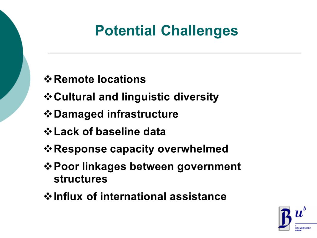 Potential Challenges  Remote locations  Cultural and linguistic diversity  Damaged infrastructure  Lack of baseline data  Response capacity overwhelmed  Poor linkages between government structures  Influx of international assistance