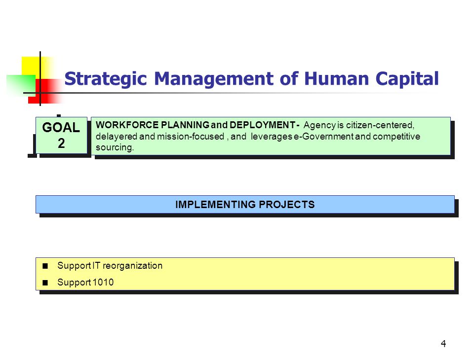 4 Strategic Management of Human Capital WORKFORCE PLANNING and DEPLOYMENT - Agency is citizen-centered, delayered and mission-focused, and leverages e-Government and competitive sourcing.